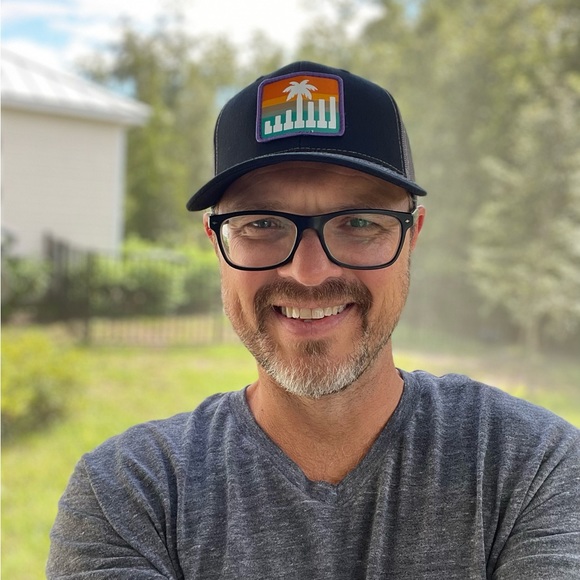 Piano keys, palm tree, and sunset patch hats. - Picture 3 of 3